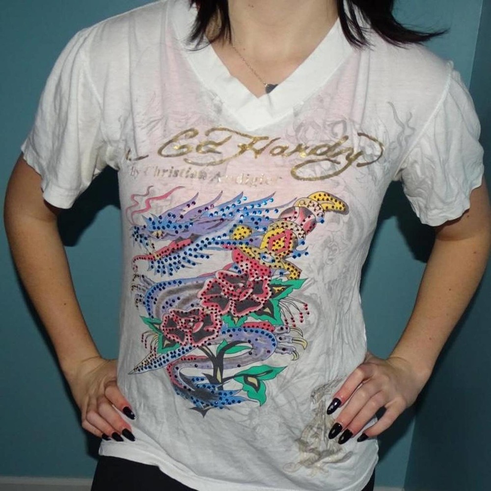 Y2K Ed Hardy Baby Tee White Rainbow Bedazzled 2000s Mcbling Streetwear Clubwear